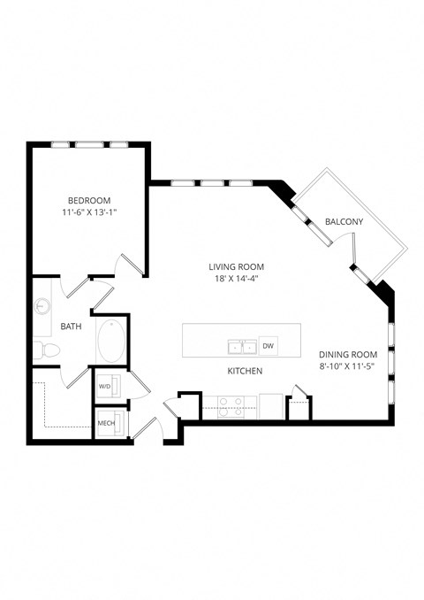 Floor plan for 1 bed, 1 bath, 935 sqft